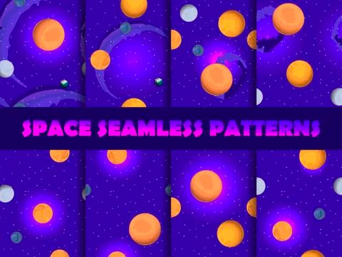 Space seamless pattern set. Background with planets and stars, nebula. Vector 스톡 일러스트