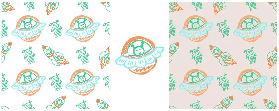 Space seamless pattern. Set drawings with wax crayons. Rockets, ufo, galaxy Stock Illustration