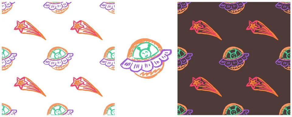 Space seamless pattern. Set drawings with wax crayons. Space, universe. Print Stock Illustration