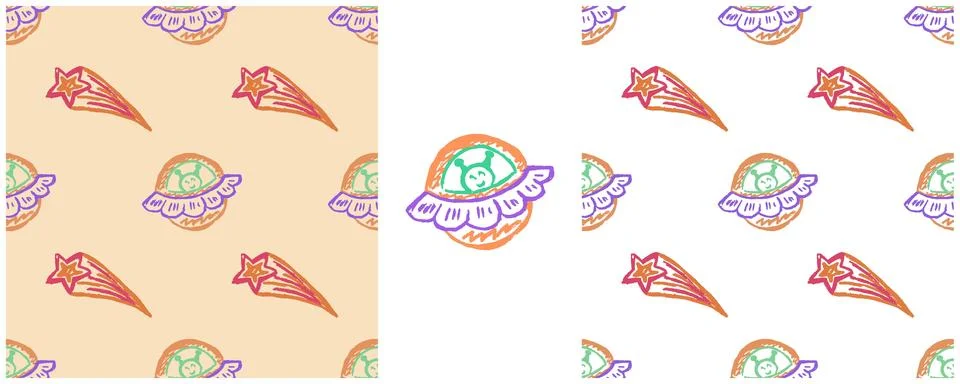 Space seamless pattern. Set drawings with wax crayons. Space, universe. Print Illustrazione stock