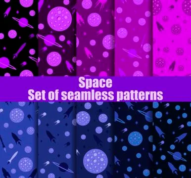 Space seamless pattern set. Galaxy, background with spaceships, asteroids and Stock Illustration