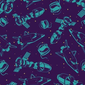 Space seamless pattern with shuttle, international space station and stars Stock Illustration