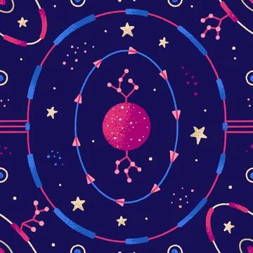 Space seamless patterns of planet, stars, other celestial bodies. Vector illu Illustrazione stock