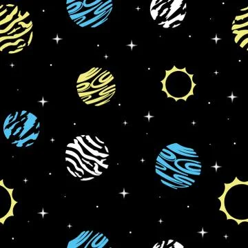 Space seamless vector pattern on a dark background with yellow, blue and whit Stock Illustration