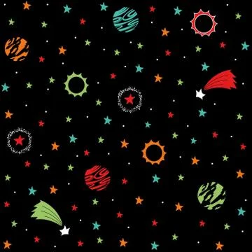 Space seamless vector pattern on a dark background with green, red, orange pl Stock Illustration