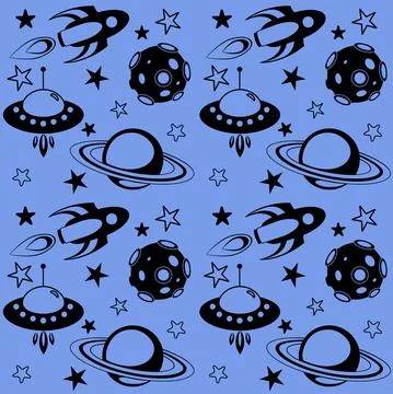 Space seamless vector pattern with rockets, flying saucers, asteroids, stars Stock Illustration