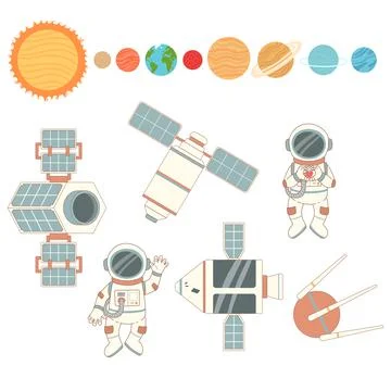 Space set with astronaut, planets and ship, vector Stock Illustration