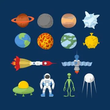 Space set of icons. Vector Illustrator. Cartoon heroes:  alien and UFO, astro Stock Illustration