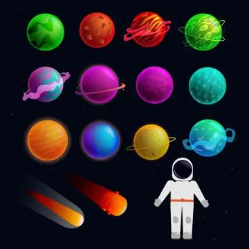 Space set of planets, comets and astronaut. Stock Illustration