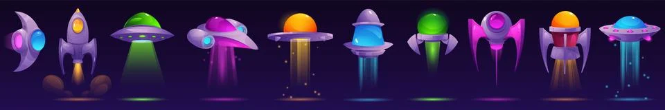 Space ship. Alien rocket, spaceship or ufo game jet. Light galaxy interface Stock Illustration