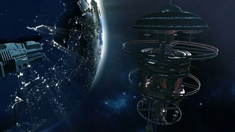 Space ship approaching futuristic space station 4K Stock Footage