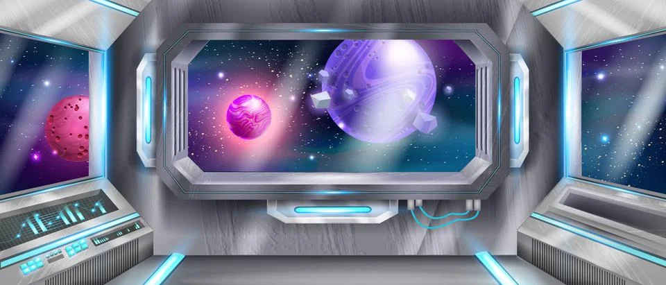 Space ship cockpit interior, shuttle window moon vector futuristic view Ilustração Stock