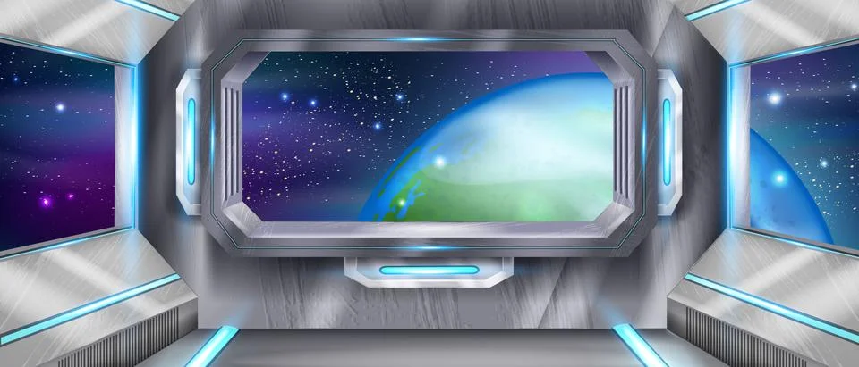 Space ship cockpit interior, vector futuristic shuttle window Earth view Illustrazione stock