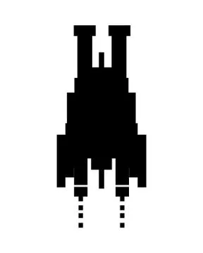 Space ship flying 8 bits pixelated silhouette Illustrazione stock