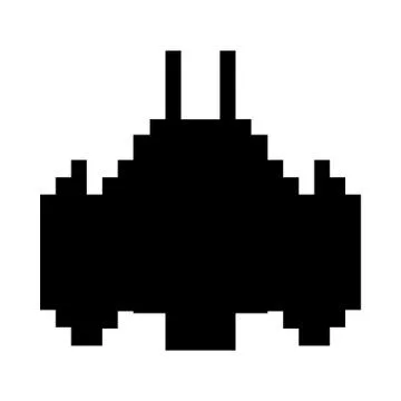 Space ship flying 8 bits pixelated silhouette Illustrazione stock