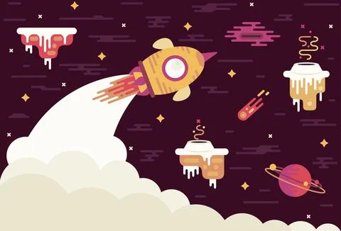 Space ship flying through asteroids - game design vector illustration Stock Illustration