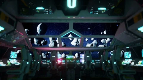 Space ship futuristic interior. Meteorits view from cabine. Galactic travel conc Stock Footage 71130879