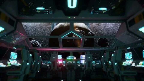 Space ship futuristic interior. Moon view from cabine. Galactic travel concept. Video stock 71236736