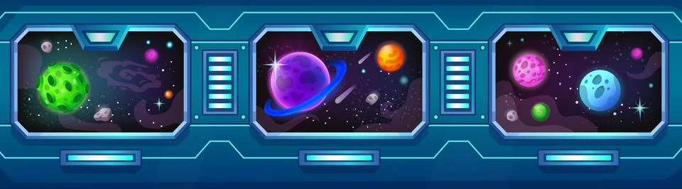 Space ship interior. Background with futuristic starship window view. Planet Stock Illustration
