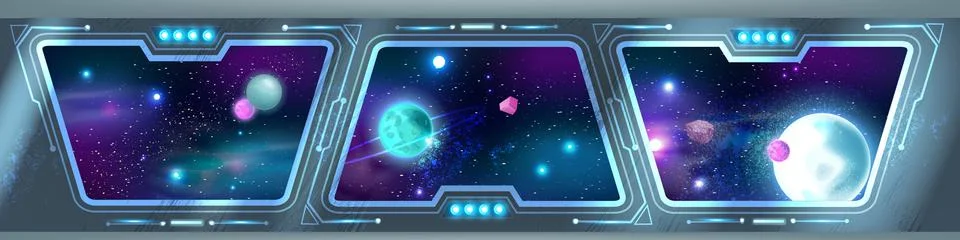 Space ship interior background, spaceship station panoramic window Illustrazione stock