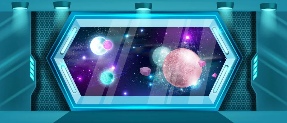 Space ship interior background, vector space station window view Illustrazione stock