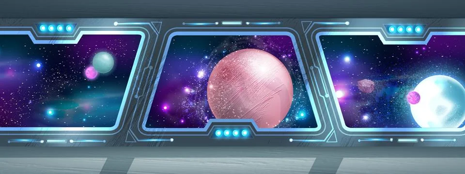 Space ship interior, vector future shuttle background, rocket window view Stock Illustration