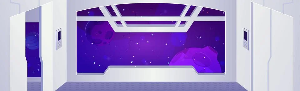 Space ship interior vector game sci-fi background, spacecraft shuttle window Illustrazione stock
