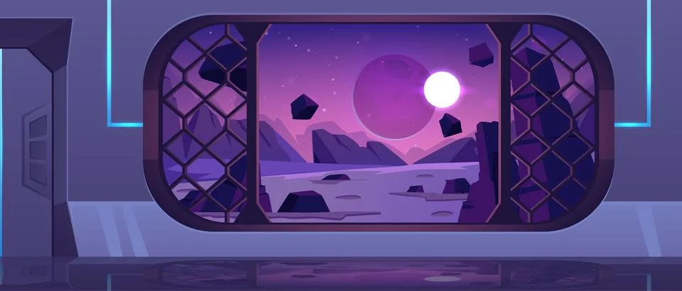 Space ship interior vector game sci-fi background, spacecraft shuttle window Illustrazione stock