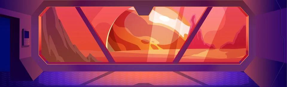 Space ship interior vector game sci-fi background, spacecraft shuttle window Illustrazione stock