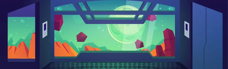 Space ship interior vector game sci-fi background, spacecraft shuttle window Illustrazione stock