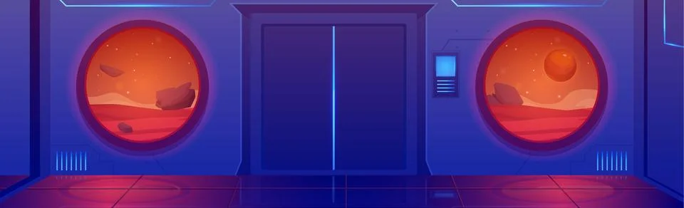 Space ship interior vector game sci-fi background, spacecraft shuttle door Illustrazione stock