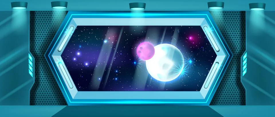 Space ship interior, vector spacecraft shuttle window view Illustrazione stock