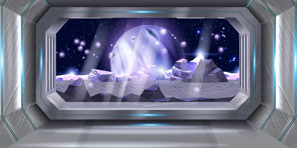 Space ship interior, vector spacecraft station window view, alien planet Illustrazione stock