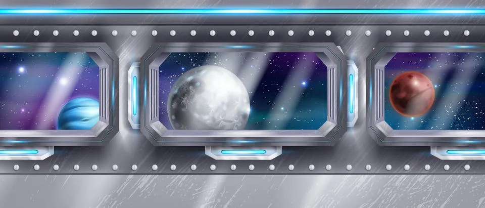 Space ship interior, vector spacecraft window view, corridor inside station Illustrazione stock