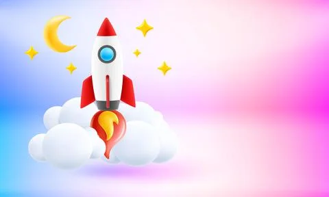 Space ship launching. Start up concept. 3d vector banner with copy space Иллюстрация