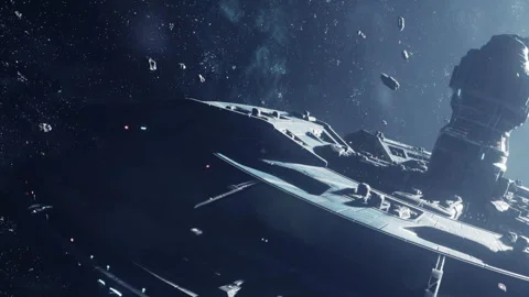 Space ship navigating through asteroid field in deep space Stock Footage 344844756