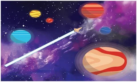 Space ship in a outer world near planets 库存插图