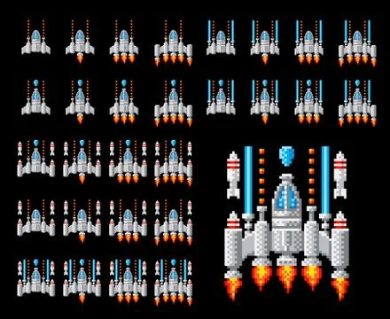 Space Ship Pixel Art Video Arcade Game Cartoon Stock Illustration