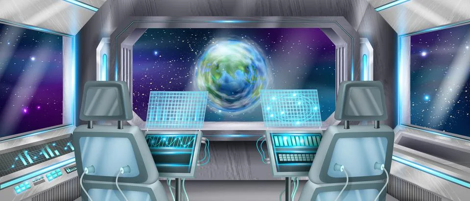 Space ship rocket cockpit interior, vector background, astronaut pilot chair Stock Illustration