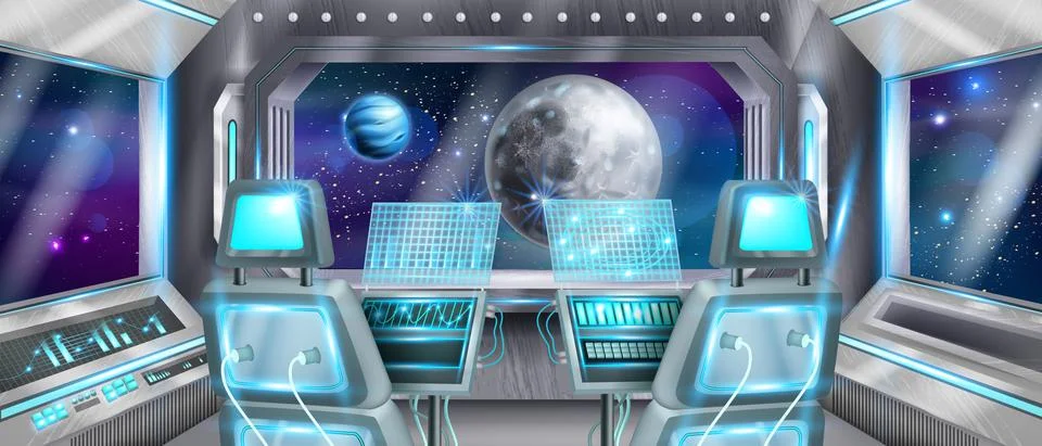 Space ship rocket cockpit interior, astronaut pilot chair vector background Stock Illustration