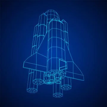 Space ship shuttle. Wireframe low poly. Stock Illustration