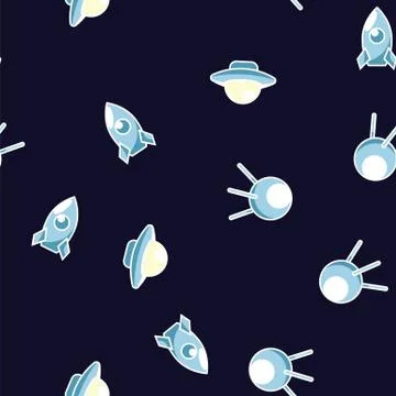 Space ship, ufo, rocket and satellite in night cosmos seamless pattern Stock Illustration