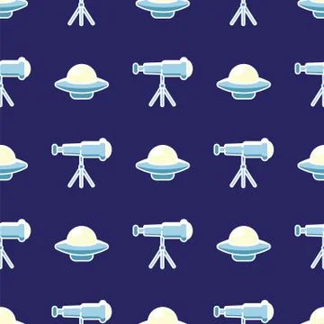 Space ship, ufo, rocket and telescope seamless pattern background. Flying saucer Stock Illustration