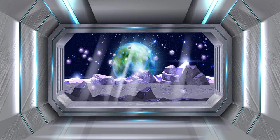Space ship window, vector shuttle cockpit view, alien planet background Illustrazione stock