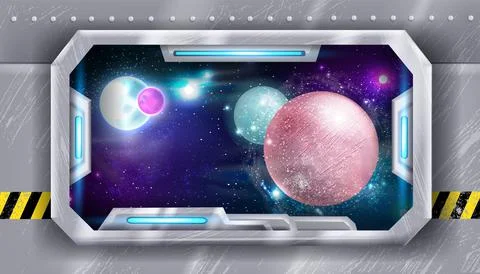 Space ship window view, vector shuttle futuristic inside frame Illustrazione stock