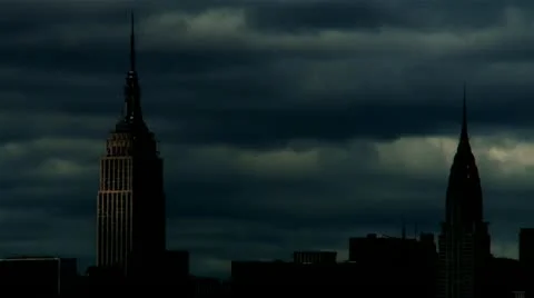 Space shuttle on 747 over NYC empire state building chrysler silhouette graded Stock Footage 10976419