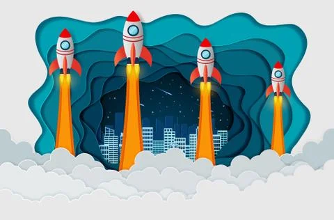 Space shuttle The all four are competing for success The back is the city. la Stock Illustration