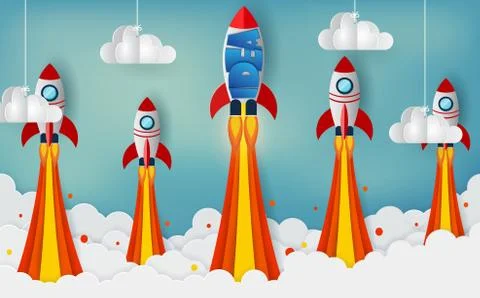 Space shuttle all four competing go to success goal. launch to the sky. creat Stock-Illustration