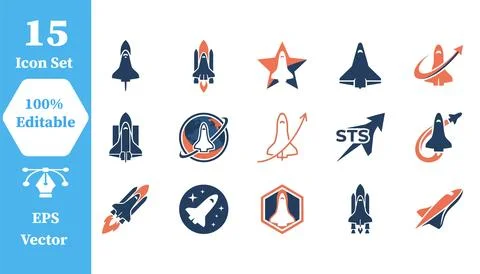 Space shuttle and rocket ship vector icon set for space exploration Stock Illustration