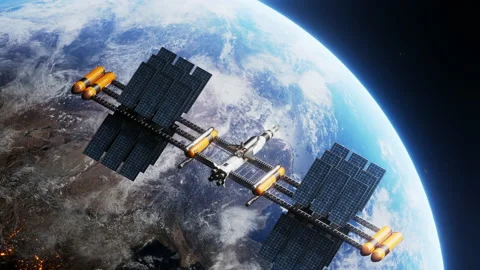 Space shuttle and space station orbiting realistic earth Stock Footage 148661366